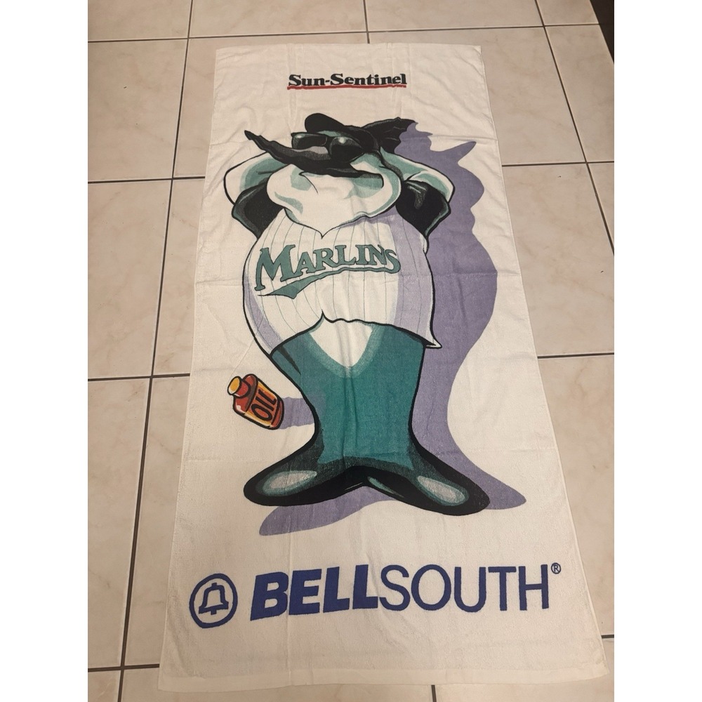 Vintage Florida Marlins Sun Sentinel Bell South Pool Towel Billy Marlin 90s #2